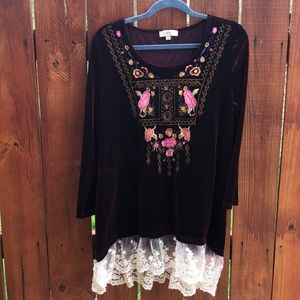 Velvet maroon top with embroidery + crochet trim